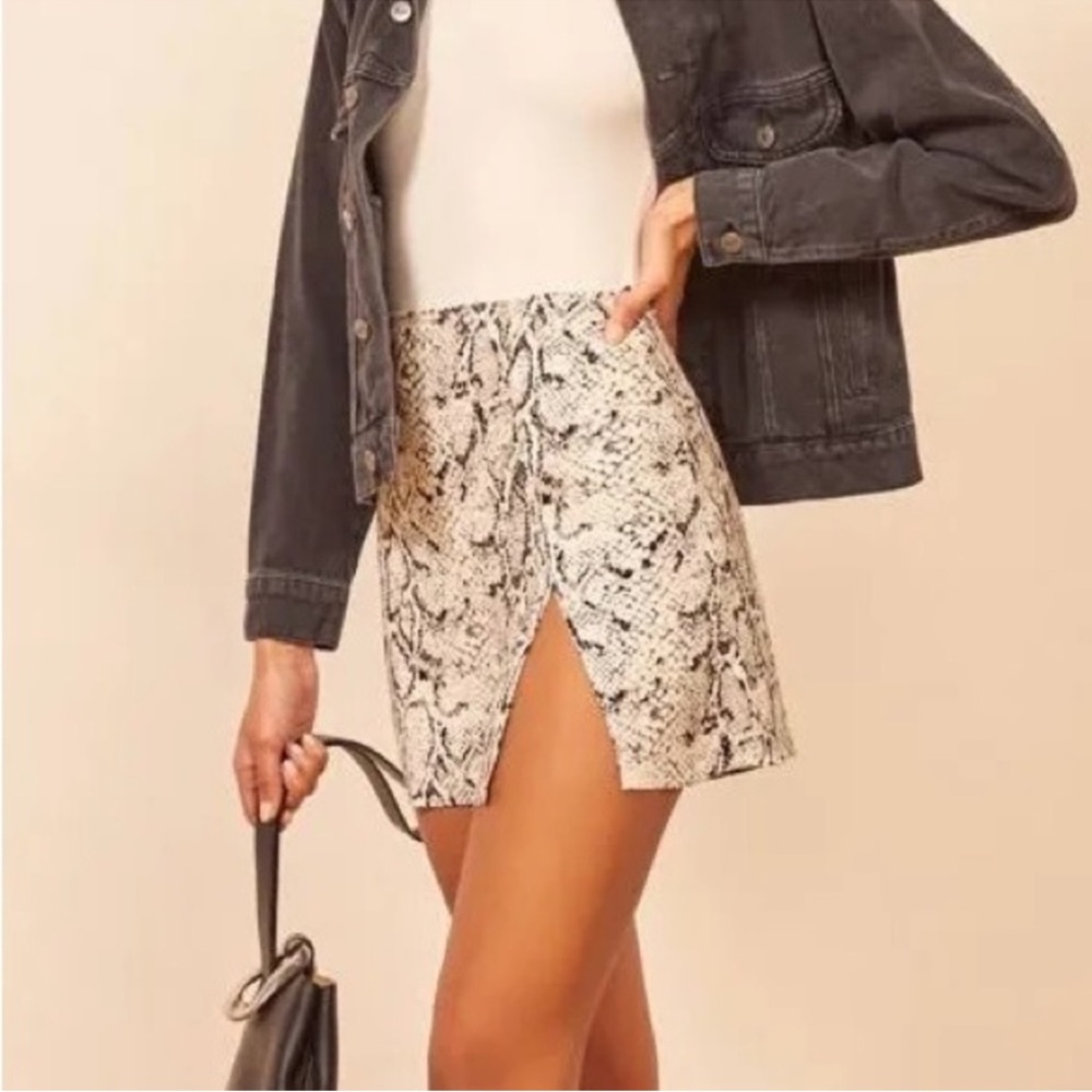 Reformation Black and White Snake Print Mini Skirt